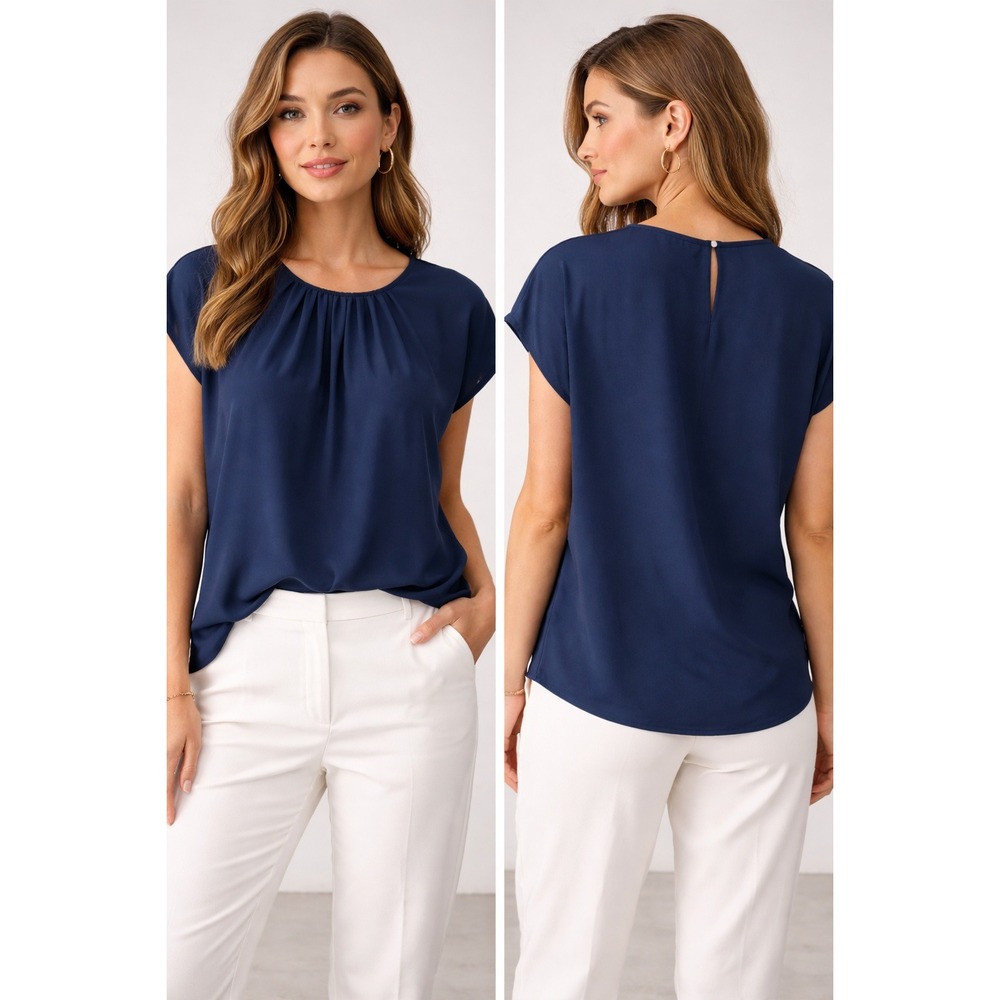 DKNY Pleated Blouse Women XL‎ Navy Blue Corporate Chic Office Wear